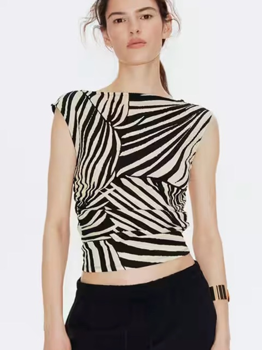H&M Black & White Zebra-Stripe Cap-Sleeve Top